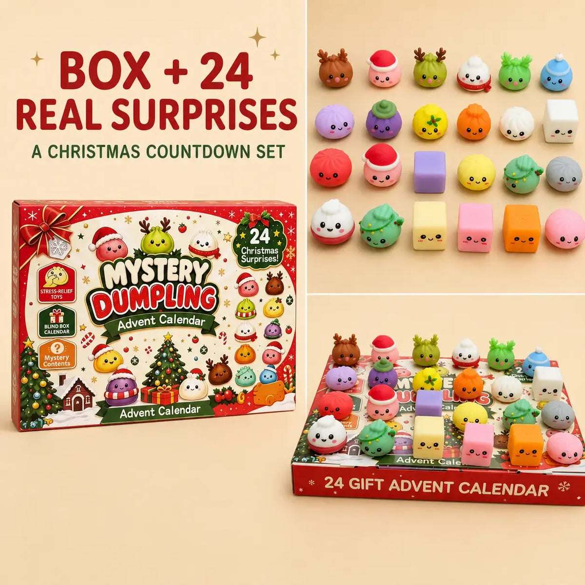 Christmas Mini Squishies Advent Calendar 2026, 24-Day Dumpling Squishy Toy Countdown Calendar with Glitter Squeeze Toys, Holiday Gift for Kids