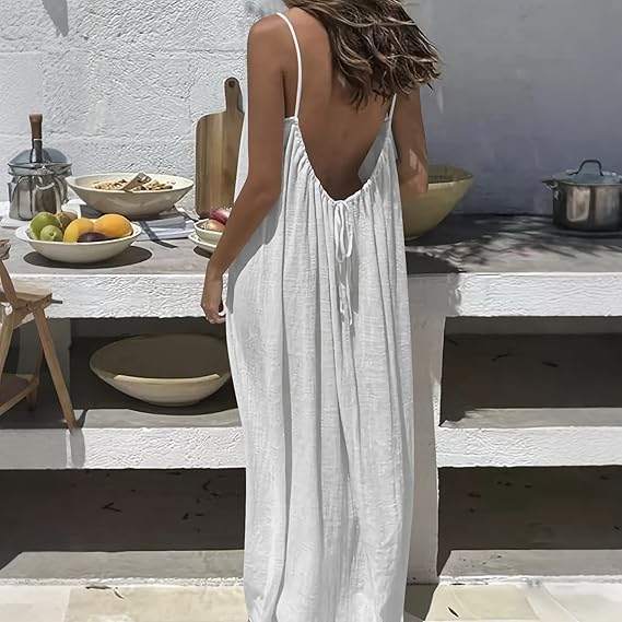 Women's Solid Color Cami Lounge Dress, Elegant Sleeveless Long Dress for Summer, Ladies Sleepwear for Indoor Wear