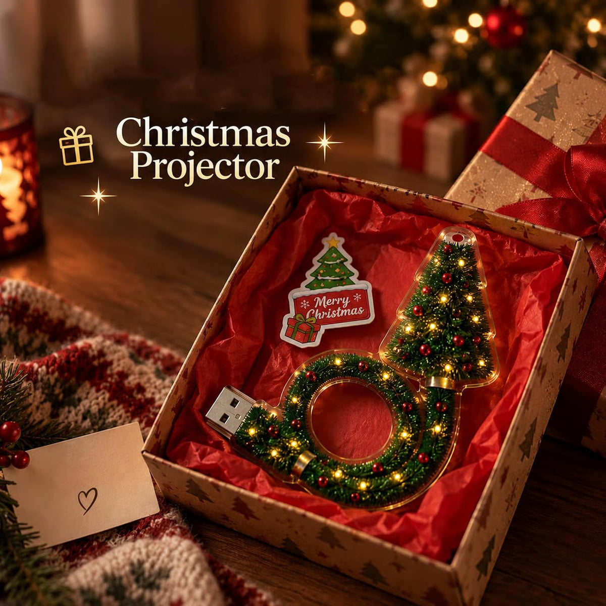 Christmas Projector Light, USB Mini Christmas Tree with 6+ Holiday Projection Designs