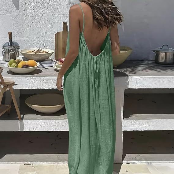 Women's Solid Color Cami Lounge Dress, Elegant Sleeveless Long Dress for Summer, Ladies Sleepwear for Indoor Wear